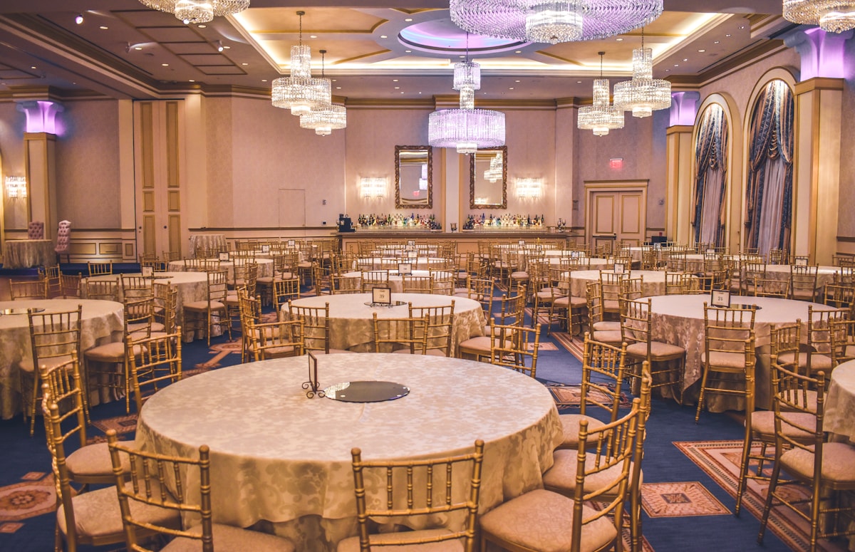 A garden venue prepared for an evening celebration