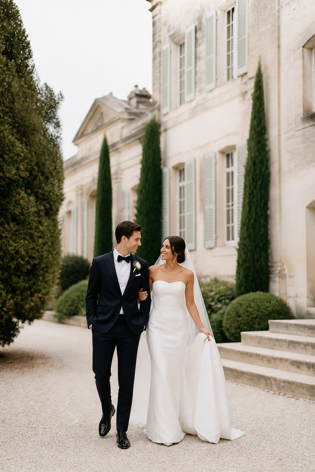 A newlywed couple walking beside a pale stone manor