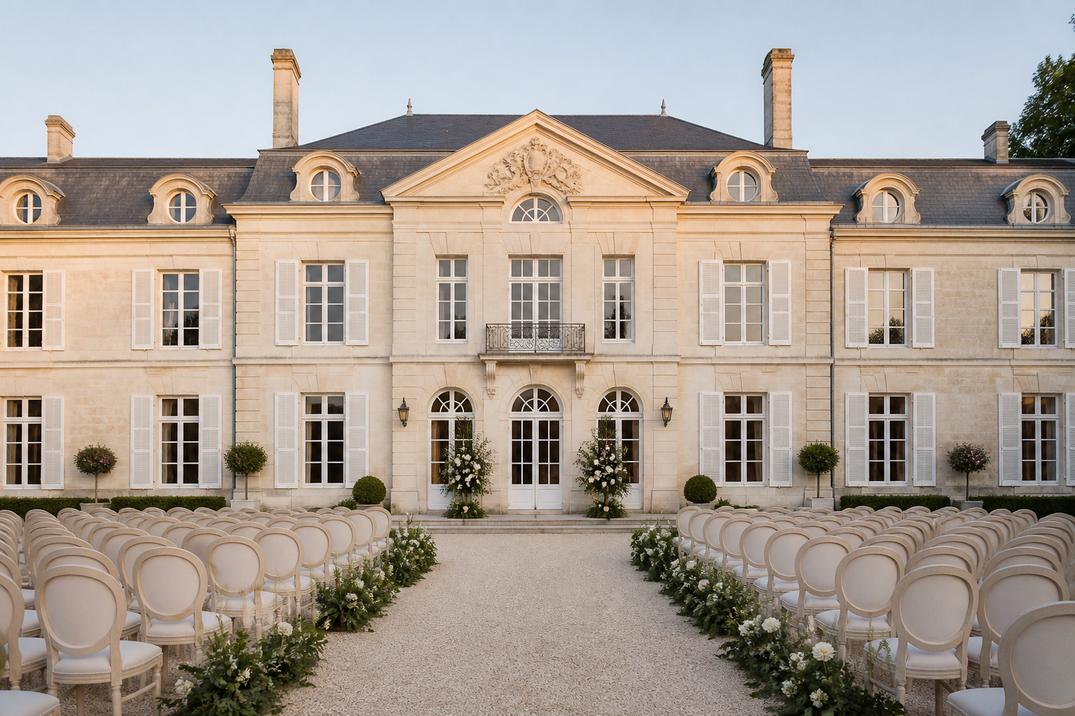 A formal wedding ceremony arranged before a pale stone manor