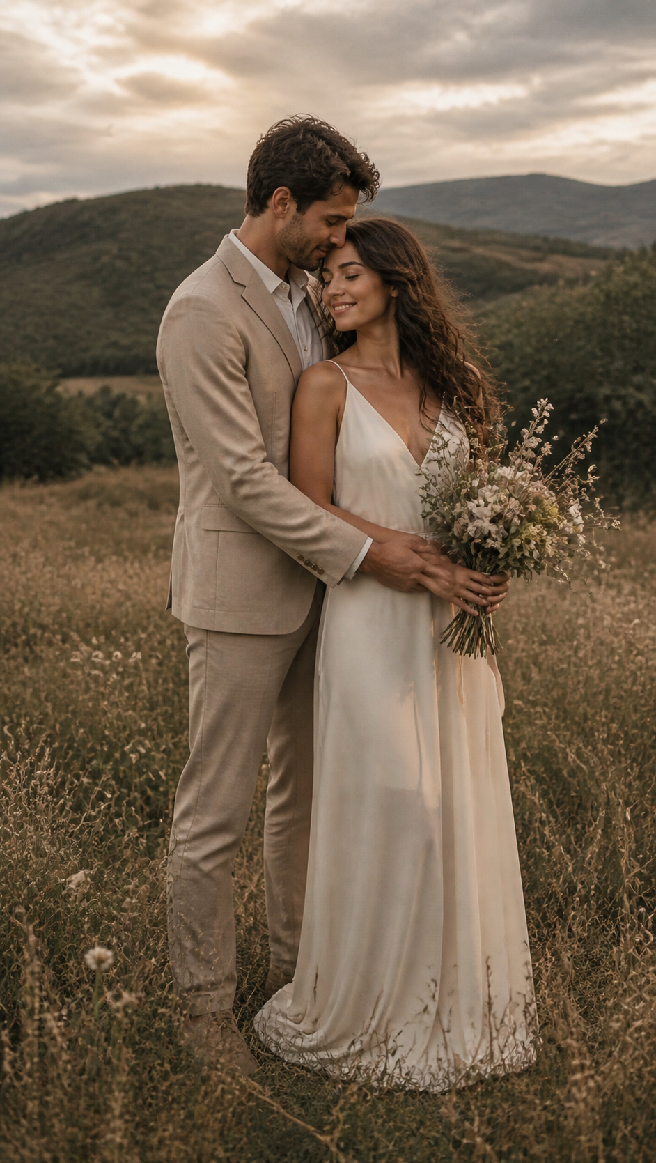 A newlywed couple embracing beside a calm lake