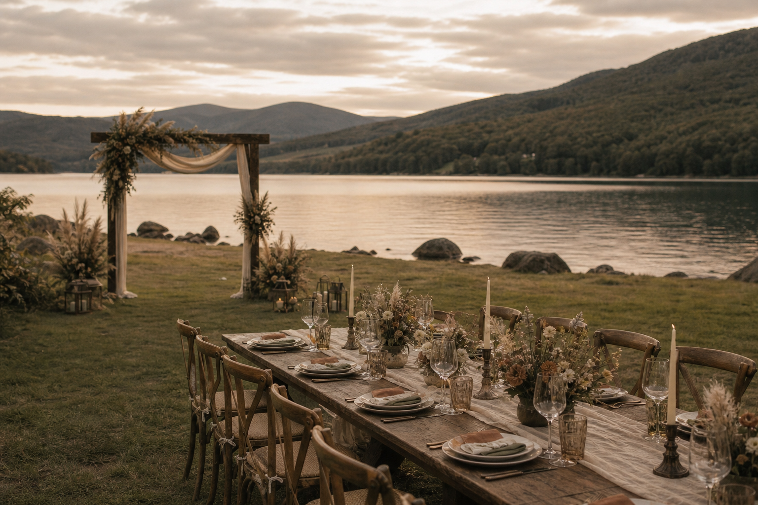 An intimate candlelit wedding table beside a calm lake