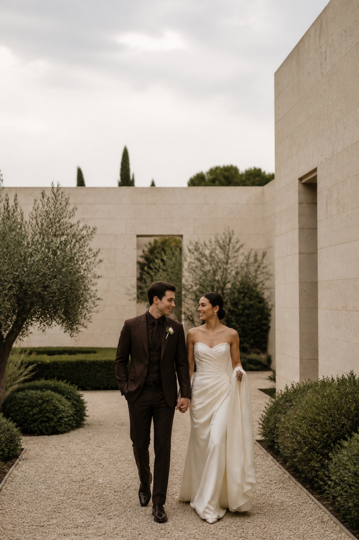 A newlywed couple embracing beside a calm lake
