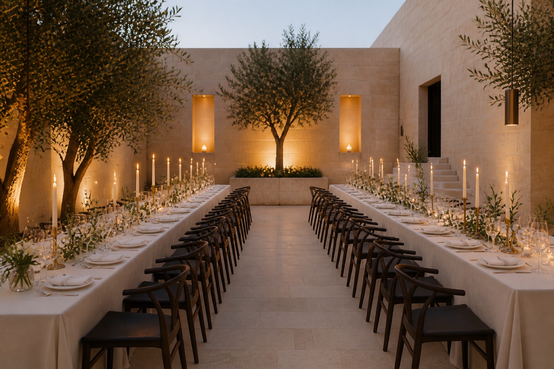 An intimate candlelit wedding table beside a calm lake