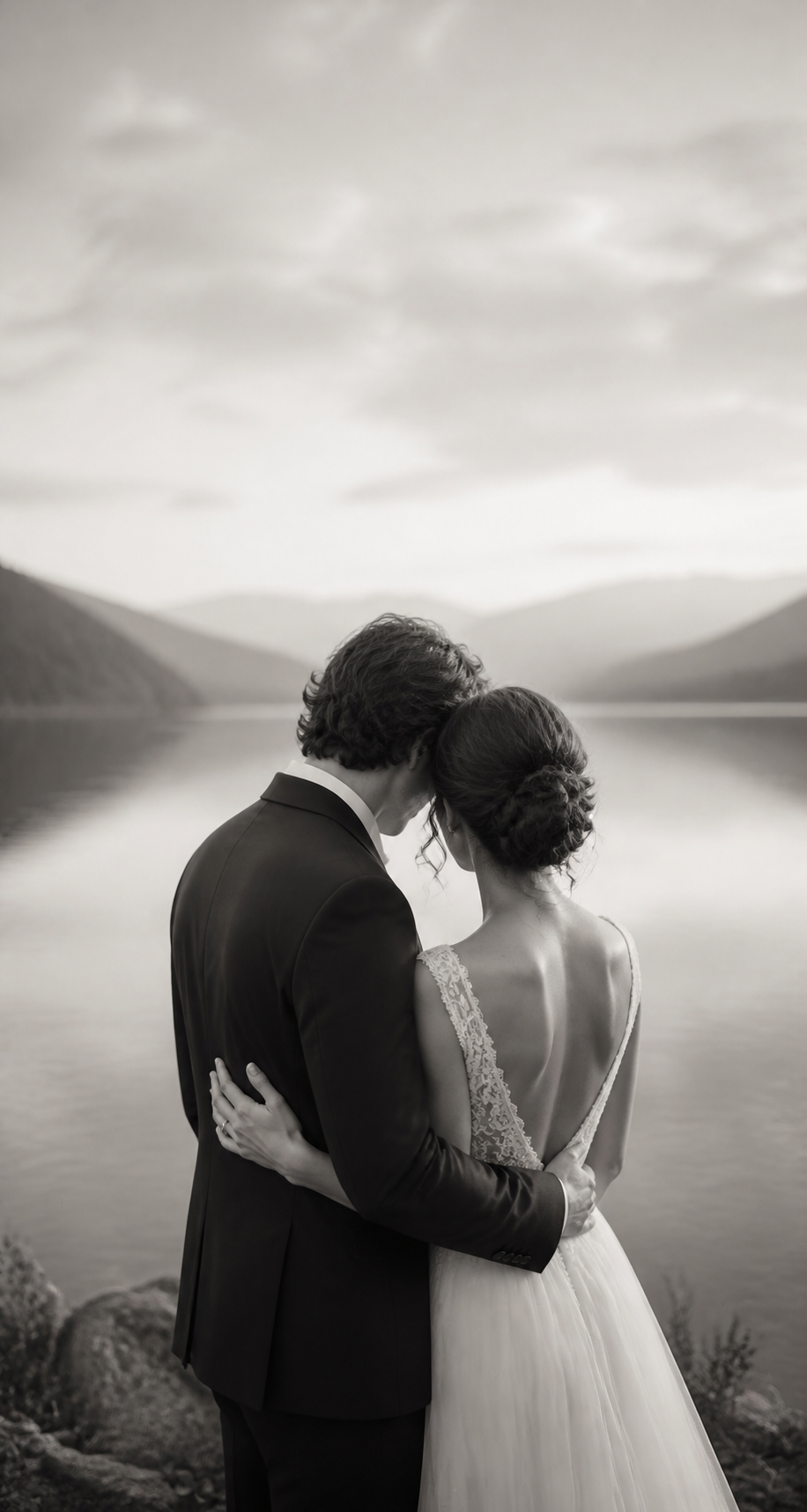 A newlywed couple embracing beside a calm lake
