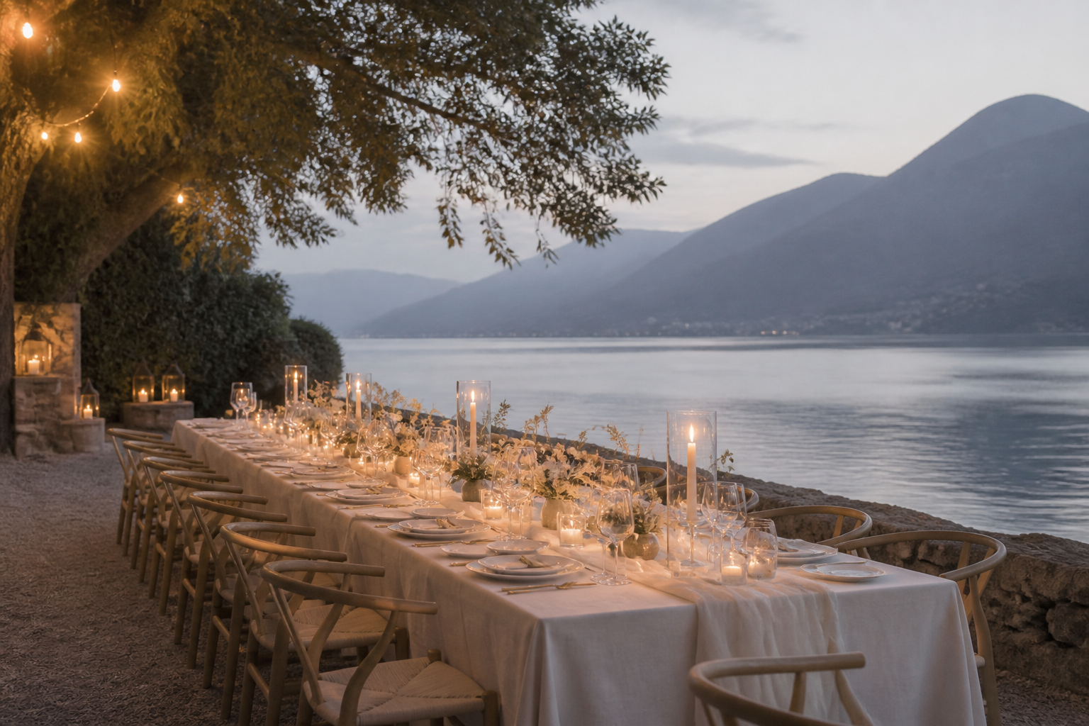 An intimate candlelit wedding table beside a calm lake