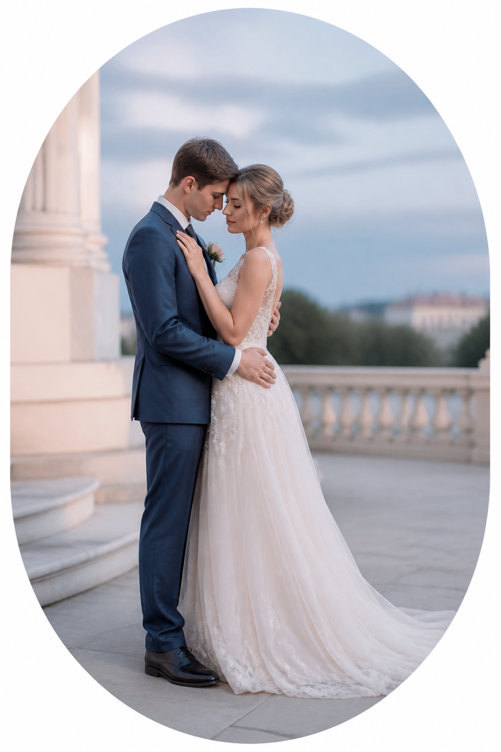A newlywed couple embracing beside a calm lake