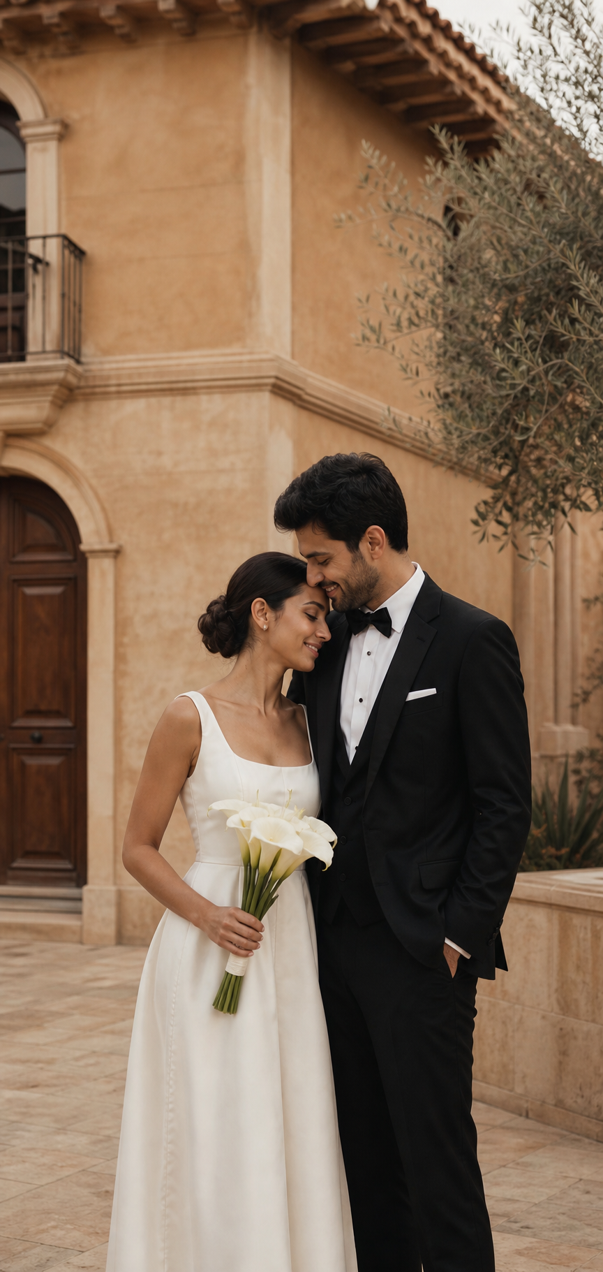 A newlywed couple sharing a quiet moment outside a warm sandstone villa