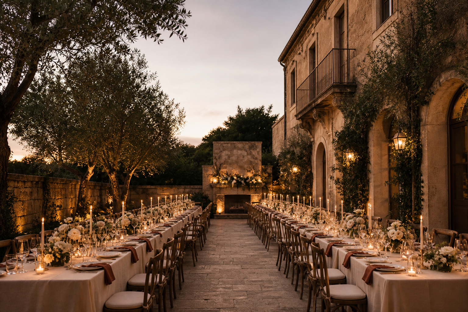An intimate candlelit wedding dinner in a sandstone courtyard
