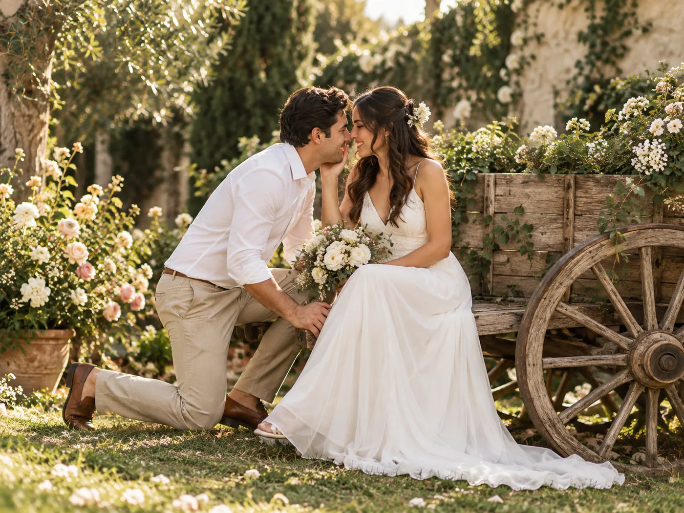 A newlywed couple walking through an ivory rose garden
