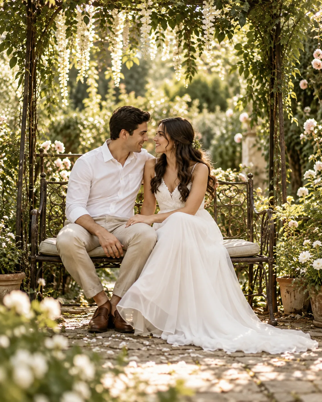 A newlywed couple walking through an ivory rose garden
