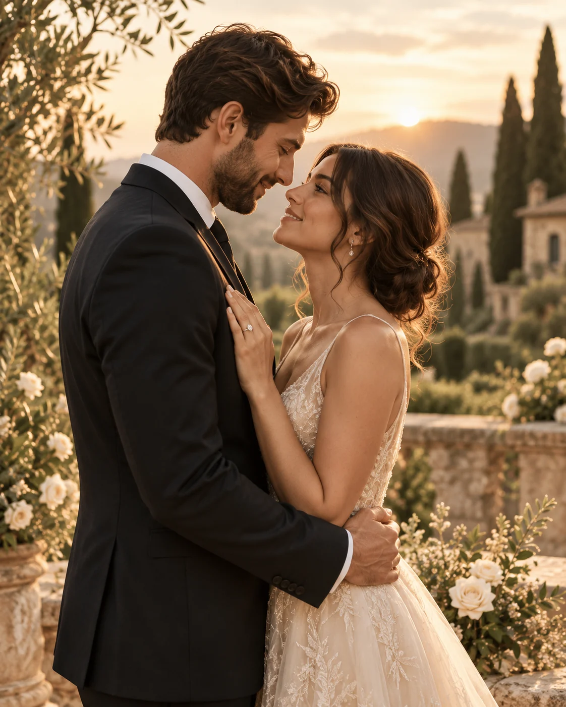 A couple walking together on their wedding day