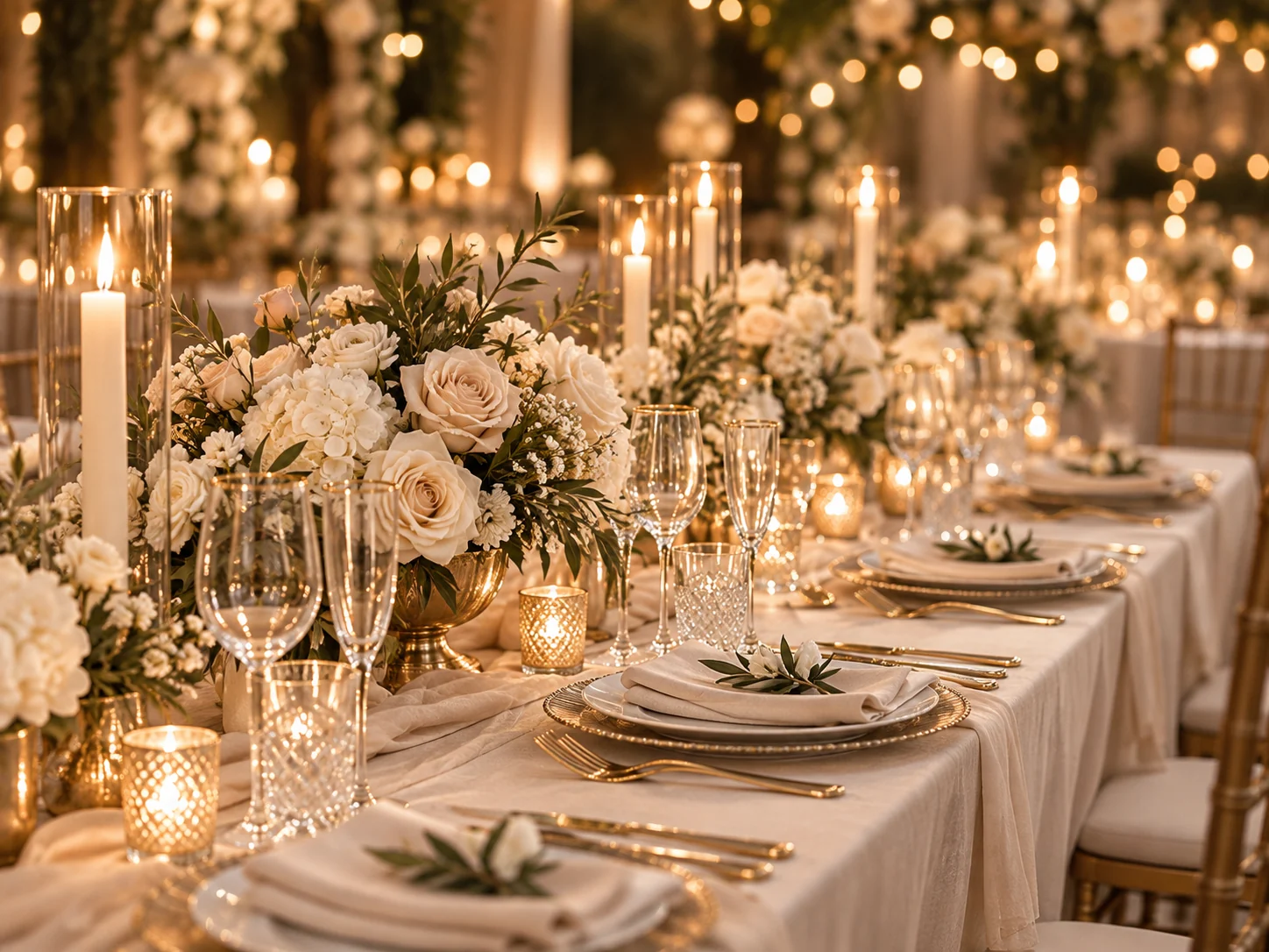 An elegant candlelit wedding reception table