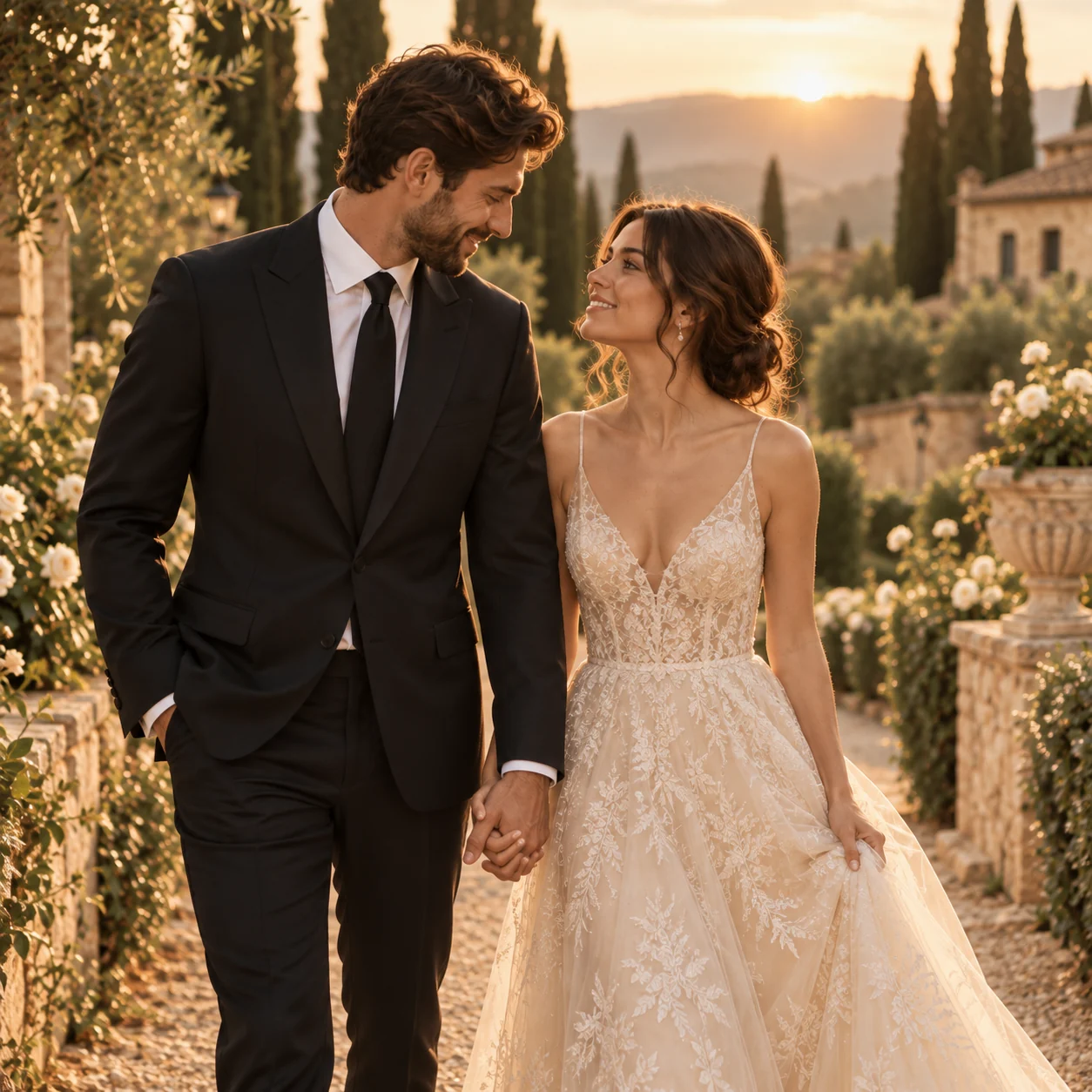 An elegant newlywed couple in warm evening light
