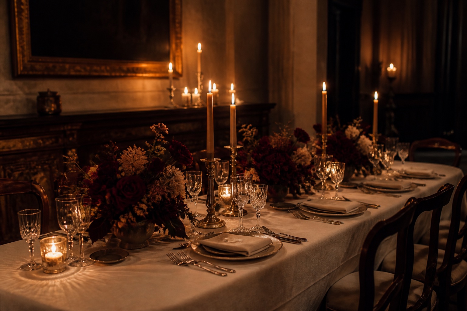 A candlelit wedding table with burgundy flowers